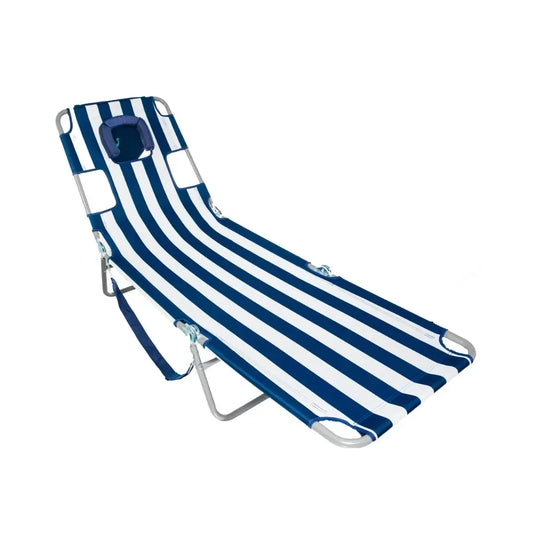 Ostrich Chaise Lounge Folding Portable Sunbathing Beach Chair,  Portable Recliner Chair, Striped (Blue)/Red